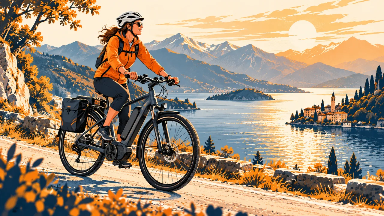 E-Bike-Fahrerin auf einer Tour am See