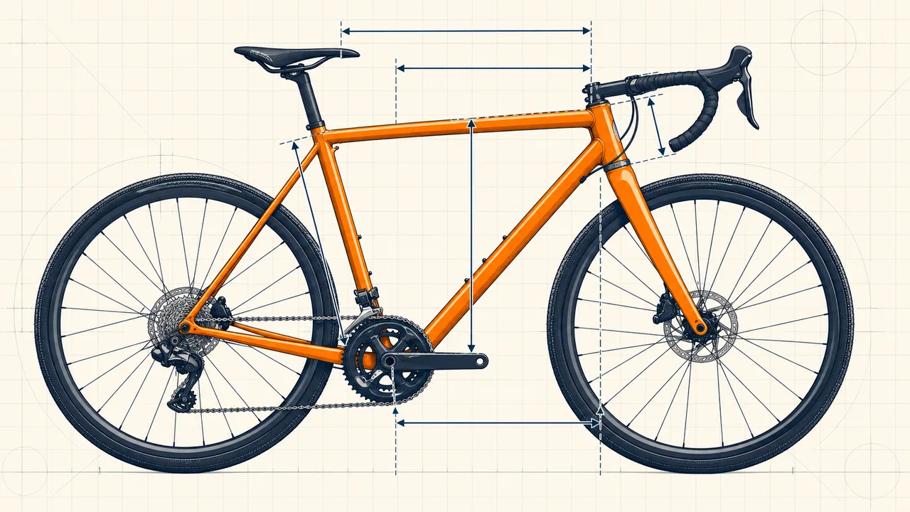 Schematische Fahrrad-Geometrie mit Maßlinien am Rahmen