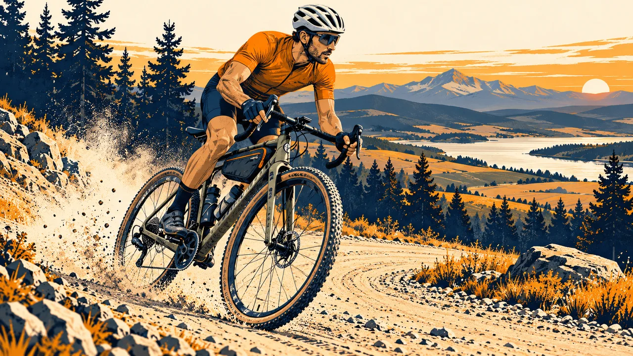 Gravel-Fahrer in einer staubigen Schotterkurve