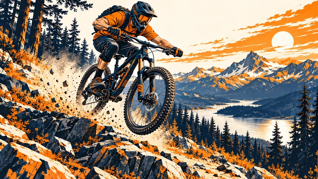 Mountainbiker beim Sprung auf einem felsigen Trail